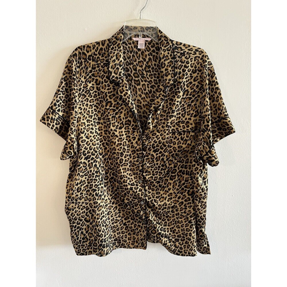 Victoria’s Secret Gold Leopard Print Satin  Button Up Pajama Shirt XXL